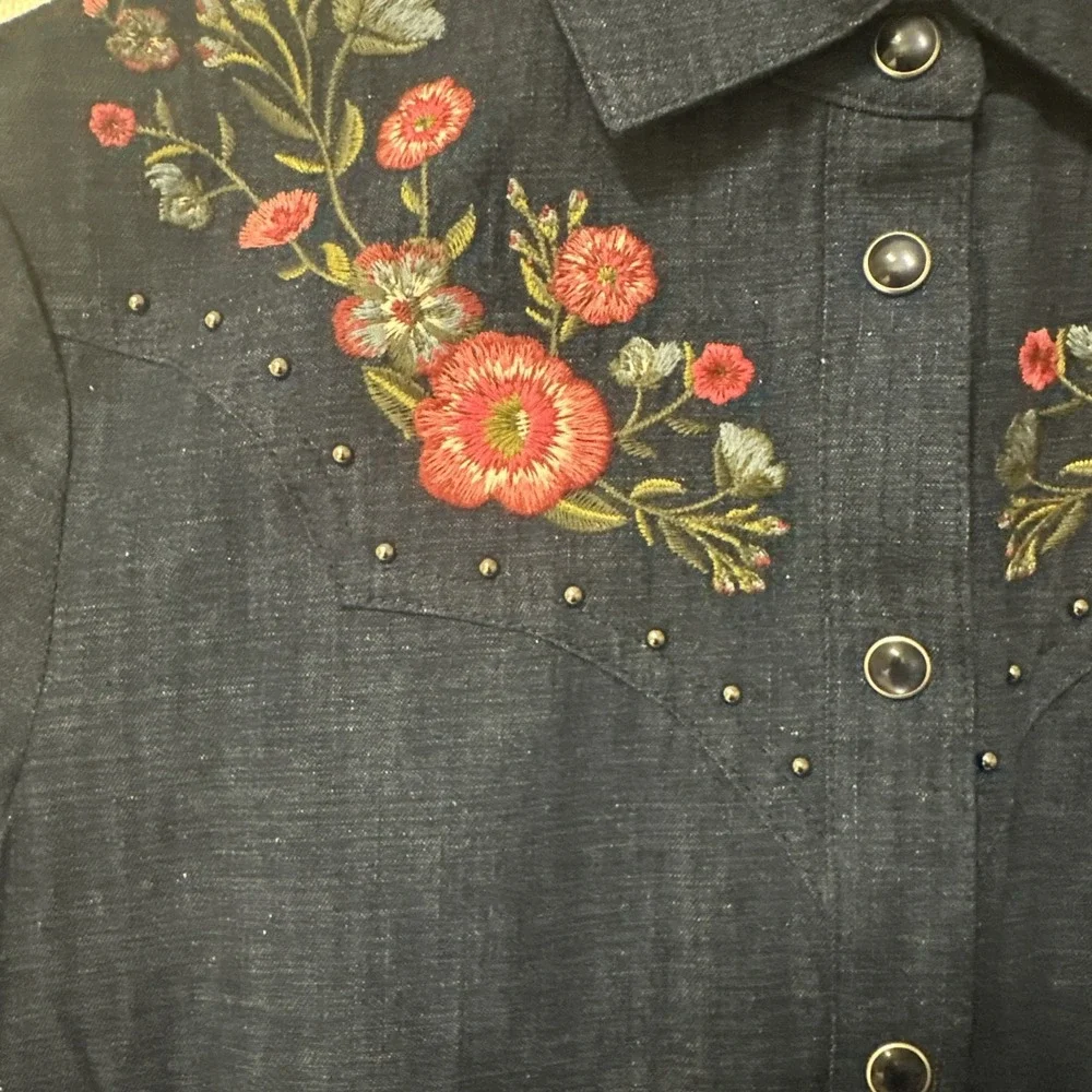 Kate Spade Women XXS Floral Embroidered Chambray‎ L/S Shirt Blue Denim Western